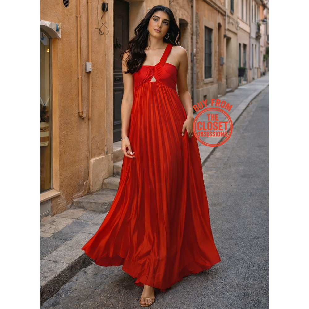 MANGO Red Pleated Front Knot Maxi Dress NWT Wedding Guest Formal - Picture 2 of 16